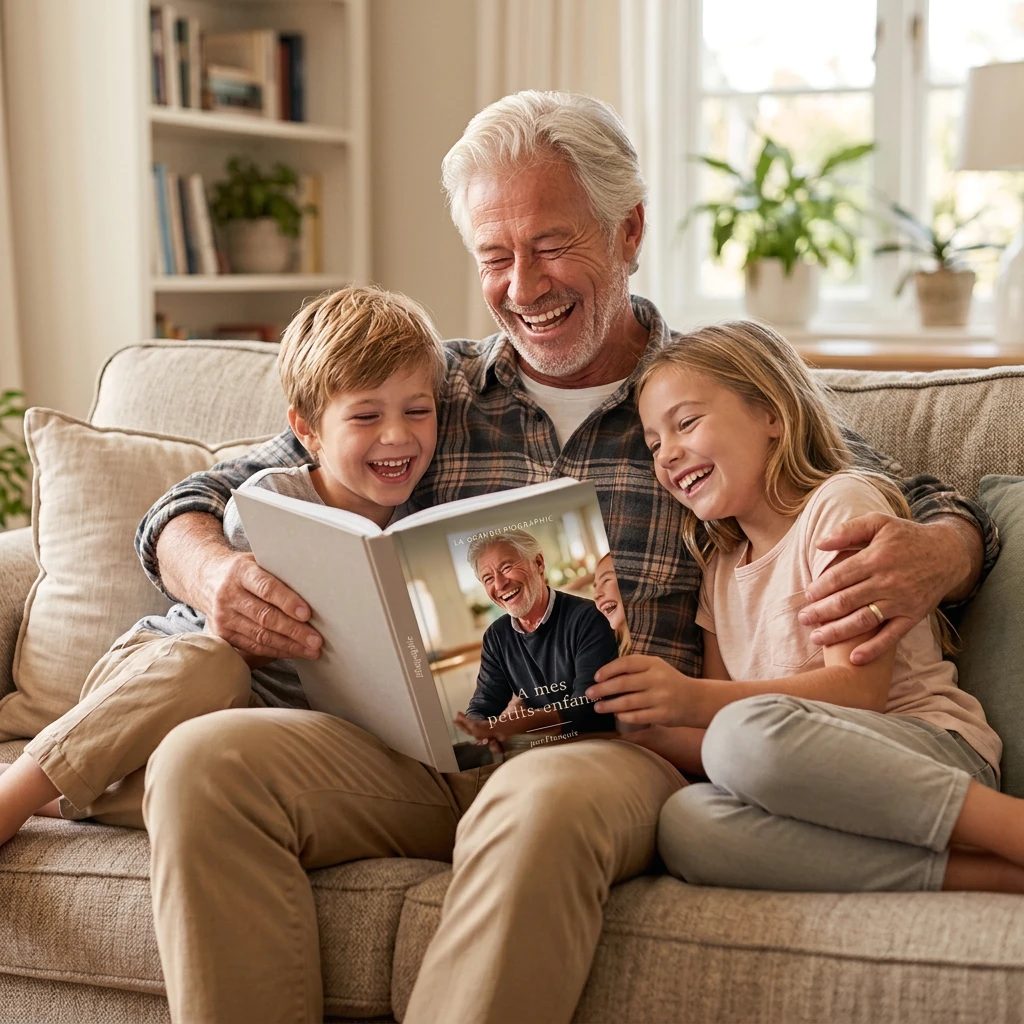 Un grand-père et ses petits-enfants riant autour de son livre
